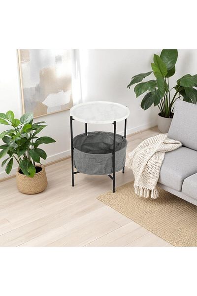 mr-everything Side table with removable white marble top and gray fabric storage basket, the perfect solution for stylish storage