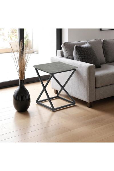 mr-everything A modern square serving table featuring a concrete-like grey top and a crossed black metal base.