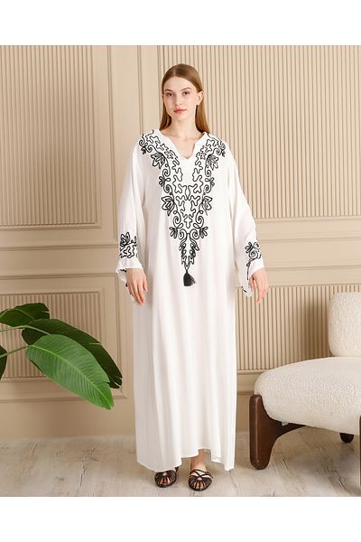 EL jadida Rochie lungă din viscoză cu mâneci brodate pentru damă, albă
