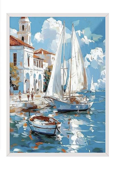 Postifull White Framed Painting, Boats, Building, Water, Impressionist, Blue, White Color Poster, 2025 Summer Selection, No: