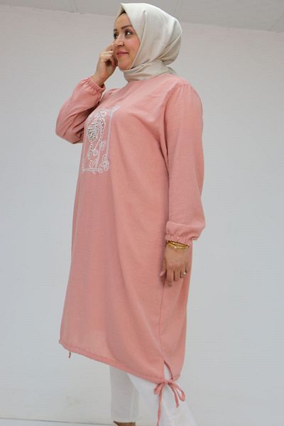 Eslina 58009 Large Size Linen Tunic with Embroidery and Beads on the Front - Powder