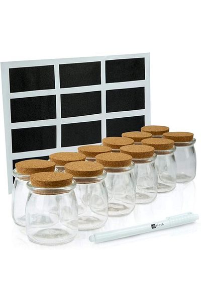 HEYNNA Set of 12 HEYNNA spice jars with cork stopper, reusable labels and chalk marker