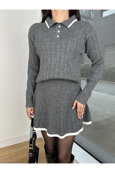 modaçelikler Polo Collar Button Long Sleeve Blouse High Waist Skirt Trever Women's Gray Two-Piece Suit 25K055
