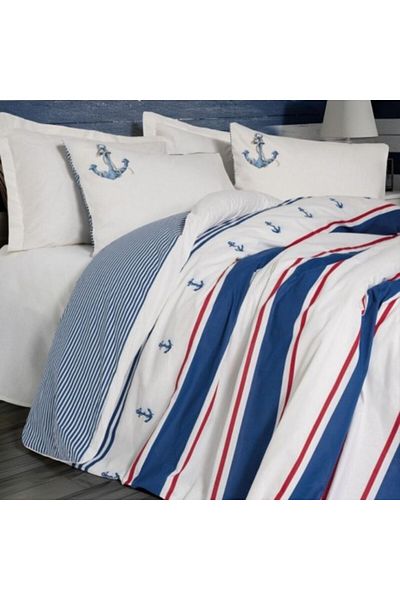 Cotton Box Lenjerie pat dublu bumbac 100% ranforce, cearceaf pilota 200x220cm, Cotton Box, Brine Ecru cu dungi