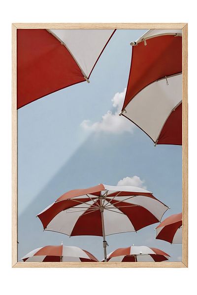 Postifull Wooden Framed Poster, Red Umbrellas, Photo, Red Color Poster, Summer Selection 2025, No:1095