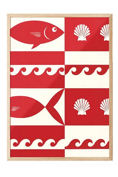 Postifull Wooden Framed Poster Painting, Fishes and Shells, Illustration, Red Color Poster, 2025 Summer Selection