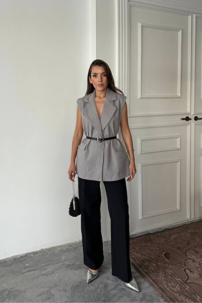 Neşeli Butik Γυναικείο αμάνικο σακάκι με ζώνη από πολυβισκόνη NBG076