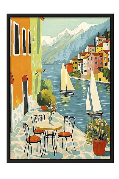 Postifull Black Framed Painting, Sailboats, Chairs, Buildings, Impressionist, Vintage, Blue, Earth Tones R