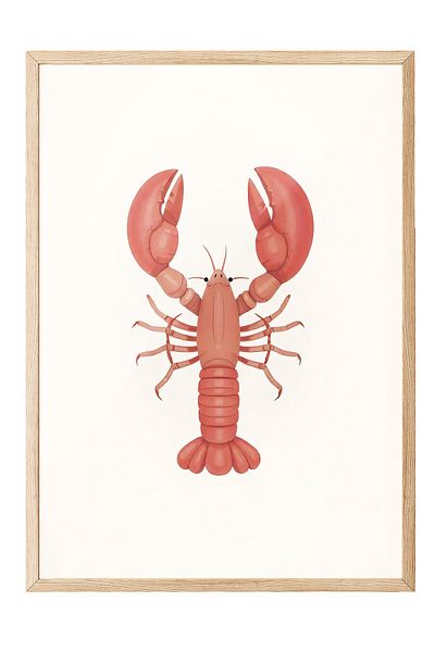 Postifull Wooden Framed Poster Painting, Red Lobster, Illustration, Orange Color Poster, 2025 Summer Selection,