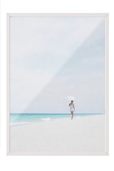 Postifull White Framed Poster, Woman on the Beach, Illustration, Blue Color Poster, Summer Selection 2025, No:109682