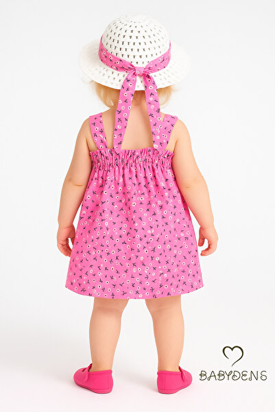 BABYDEN'S Kız Bebek Çiçek Desenli Fiyonklu Yazlık Elbise ve Şapka Takımı Pamuklu 9-36 Ay Yazlık Bebek Kombini