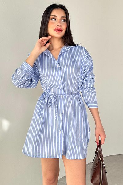 Cappmoda Elb-01808 Blue Striped Belt Detailed Shirt Dress