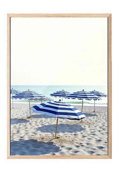 Postifull Wooden Framed Poster, Sea Umbrellas, Photo, Blue Color Poster, Summer Selection 2025, No:109635