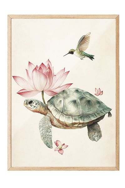Postifull Wooden Framed Painting, Turtle, Hummingbird, Lotus, Illustration, Pastel Tones Color Poster, 2025