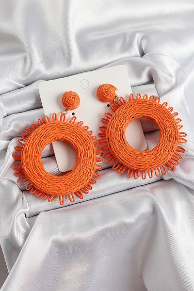 Toptan Bulurum Orange Tassel Ring Figured Straw Knitted Model Gold Color Women's Earrings