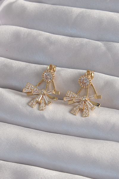 Toptan Bulurum Brass Gold Color Zircon Stone Flat Bow Model Earrings