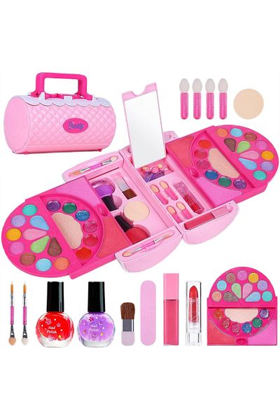 WePro Store Kids makeup kit pink, 6 lipsticks, lip gloss, 2 nail polishes, 22 eyeshadows, blush, non-toxic