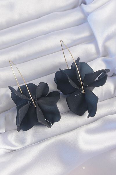 NEZADE STORE Brass Black Colored Flora Earrings