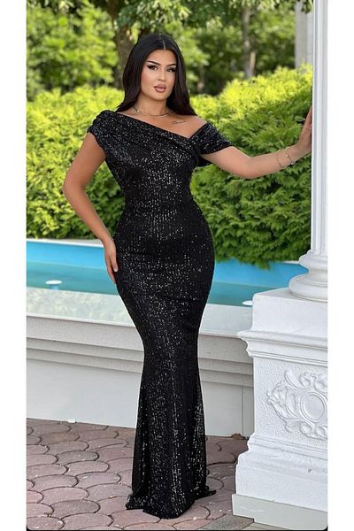 CİXAPLE Asymmetrical Neckline Pulp Sequin Evening Dress