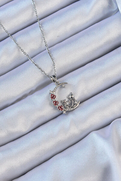 SEBUONLİNE سلسلة فولاذية 316L فضية اللون وتفاصيل وردة حمراء على شكل قطة من حج...