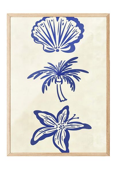 Postifull Wooden Framed Painting, Seashell, Palm and Flower, Illustration, Blue Color Poster, 2025 Summer Selection