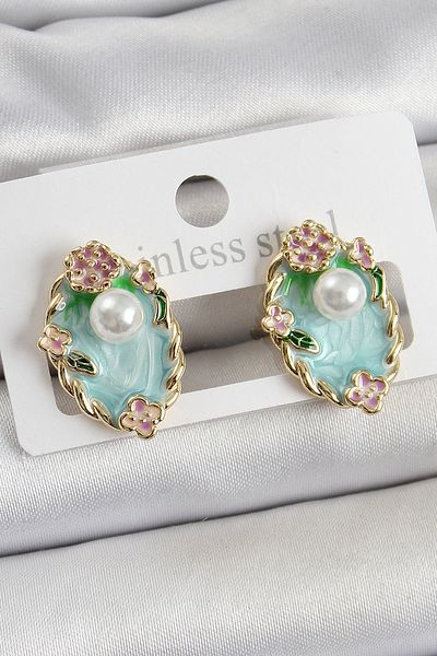 NEZADE STORE Brass Green Enamel Pearl Detailed Artistic Portrait Model Gold Color Women's Earrings
