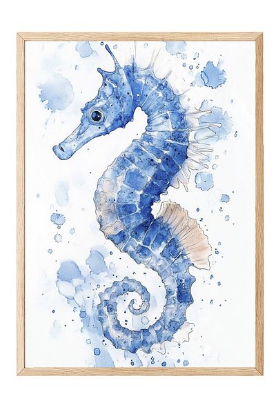 Postifull Wooden Framed Painting, Seahorse, Watercolor, Blue, White Color Poster, 2025 Summer Selection, No:109808