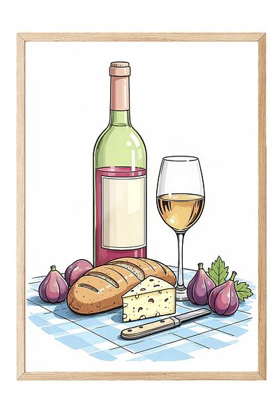 Postifull Wooden Framed Poster, Wine at Picnic, Illustration, Colorful Color Poster, Summer Selection of 2025, No:10966