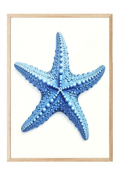Postifull Wooden Framed Poster, Starfish, Illustration, Blue Color Poster, 2025 Summer Selection, No:109668