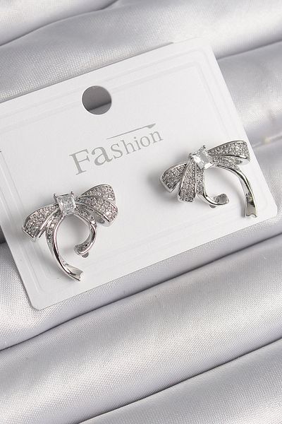 Toptan Bulurum Brass Silver Color Zircon Stone Bow Model Women's Earrings