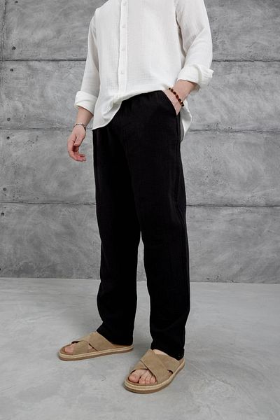 NO 601 Men's Black Summer Muslin Linen Blended Fabric Relaxed Cut Pantalon