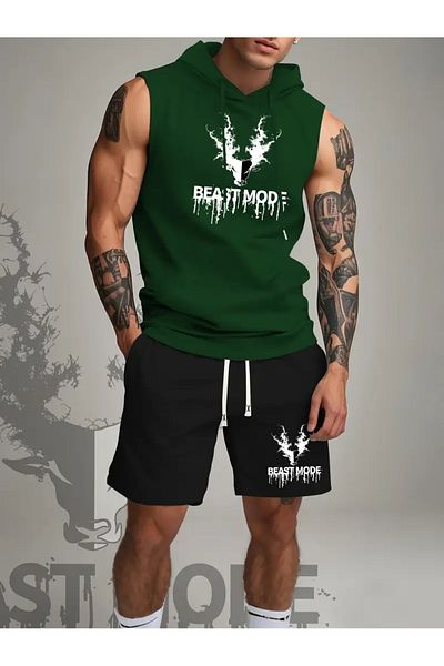 ACTIVE MODA -Men's Gym Sports Singlet-Shorts 2-Piece Set Cotton Printed