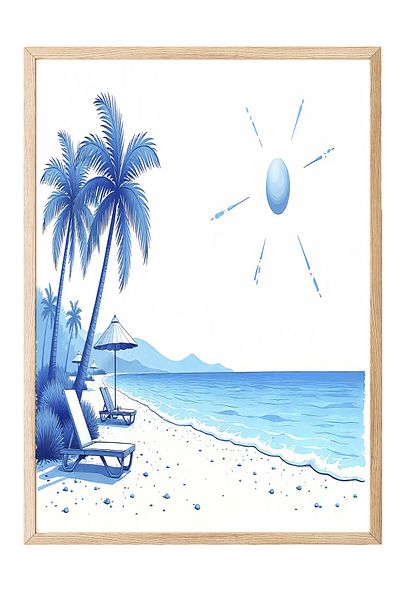 Postifull Wooden Framed Poster, Sunbathing Pleasure, Illustration, Blue Color Poster, 2025 Summer Selection, No:10968