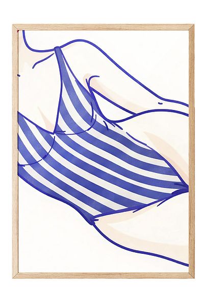 Postifull Wooden Framed Painting, Woman in Swimsuit, Illustration, Blue Color Poster, Summer Selection of 2025, No:109714
