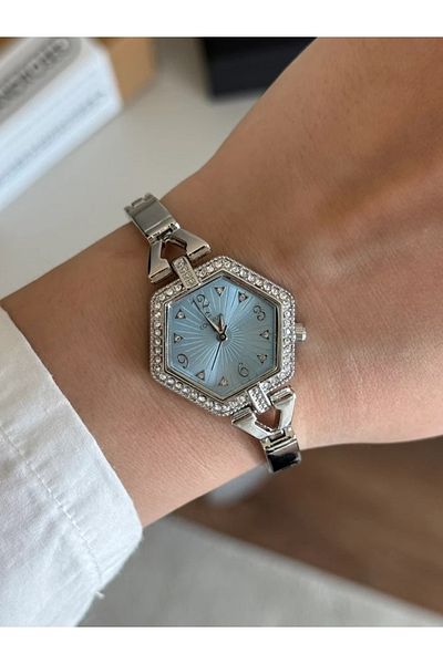 RoseandRoses Nuvia Hexagon Case New Season Women's Wristwatch Silver (Blue Dial)