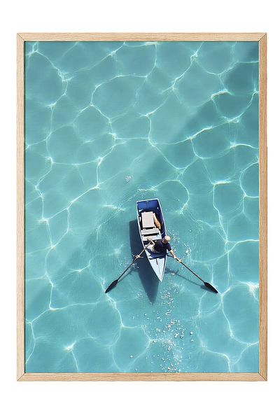 Postifull Wooden Framed Painting, Boat in the Sea, Photo, Blue Color Poster, 2025 Summer Selection, No:109718