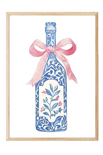 Postifull Wooden Framed Painting, Bottle, Ribbon, Floral, Illustration, Weird, Blue, Pink Color Poster, 2025 Ya