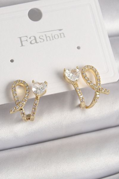 NEZADE STORE Brass Gold Color Knot Model Zircon Stone Heart Detail Women's Earrings
