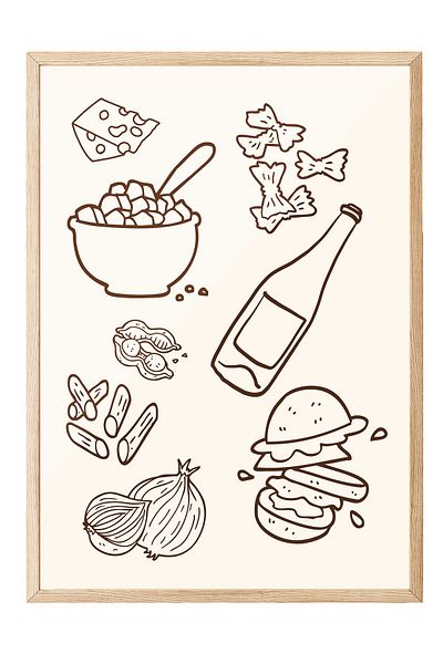 Postifull Wooden Framed Painting, Cheese, Bottle, Burger, Illustration, Minimalist, Brown, Beige Color Poster,