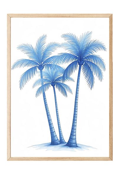 Postifull Wooden Framed Poster, Palm Trees, Illustration, Blue Color Poster, 2025 Summer Selection, No:10969