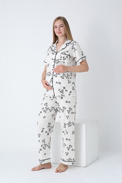 Miss Dünya Lissa Front Buttoned Shirt Collar Short Sleeve Woven Fabric Printed Maternity and Maternity Pajama Set