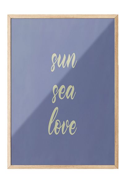 Postifull Wooden Framed Poster, Sun, Sea, Love, Text, Blue Color Poster, 2025 Summer Selection, No:109693