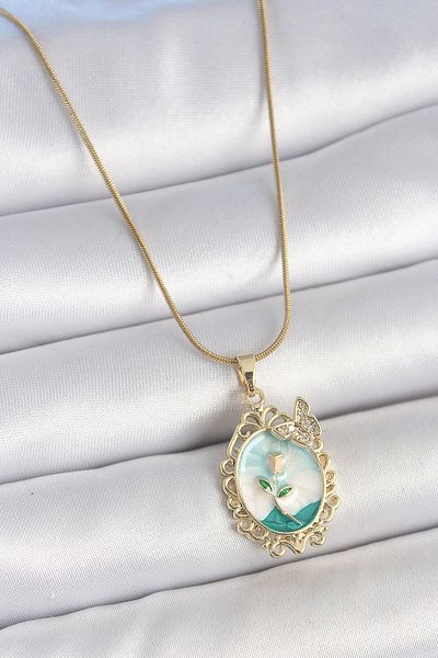 NEZADE STORE 316L Steel Gold Color Chain Blue Enamel Flower Embroidered Zircon Stone Detailed Portrait Model Women's Necklace