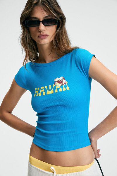 GRIMELANGE Zephy women's boat neck short sleeve front print detailed slim blue t-shirt