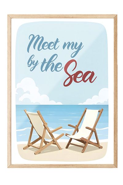 Postifull Wooden Framed Poster, Seaside Meeting, Illustration, Blue Color Poster, 2025 Summer Selection, N