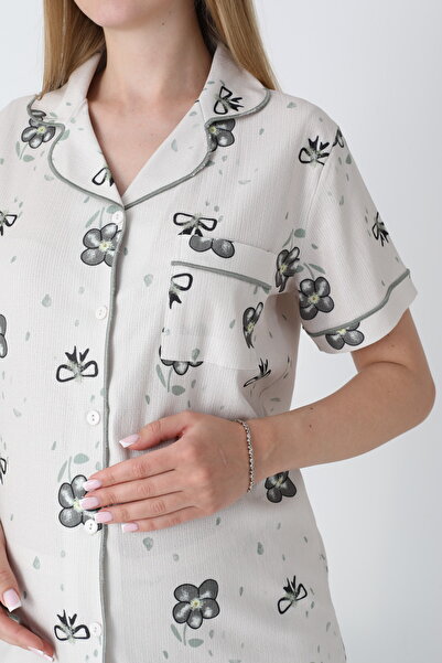 Miss Dünya Lissa Önden Düğmeli Gömlek Yaka Kısa Kol Dokuma Kumaş Baskılı Hamile ve Lohusa Pijama Takımı