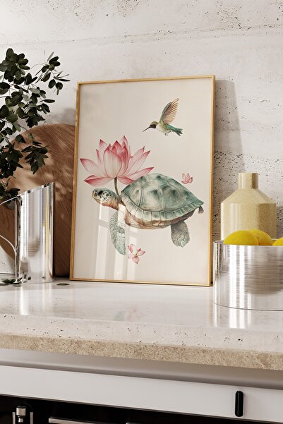 Postifull Wooden Framed Painting, Turtle, Hummingbird, Lotus, Illustration, Pastel Tones Color Poster, 2025