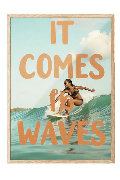 Postifull Wooden Framed Painting, Waves Are Coming, Illustration, Maximalist, Blue Color Poster, 2025 Summer Selection