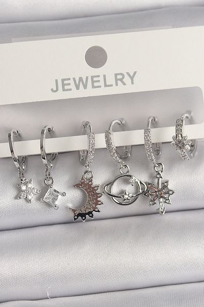 NEZADE STORE Brass Silver Color Zircon Stone Traveler Model Women's Earring Set