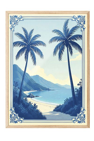 Postifull Wooden Framed Poster, Palm Beach, Illustration, Blue Color Poster, 2025 Summer Selection, No:109662